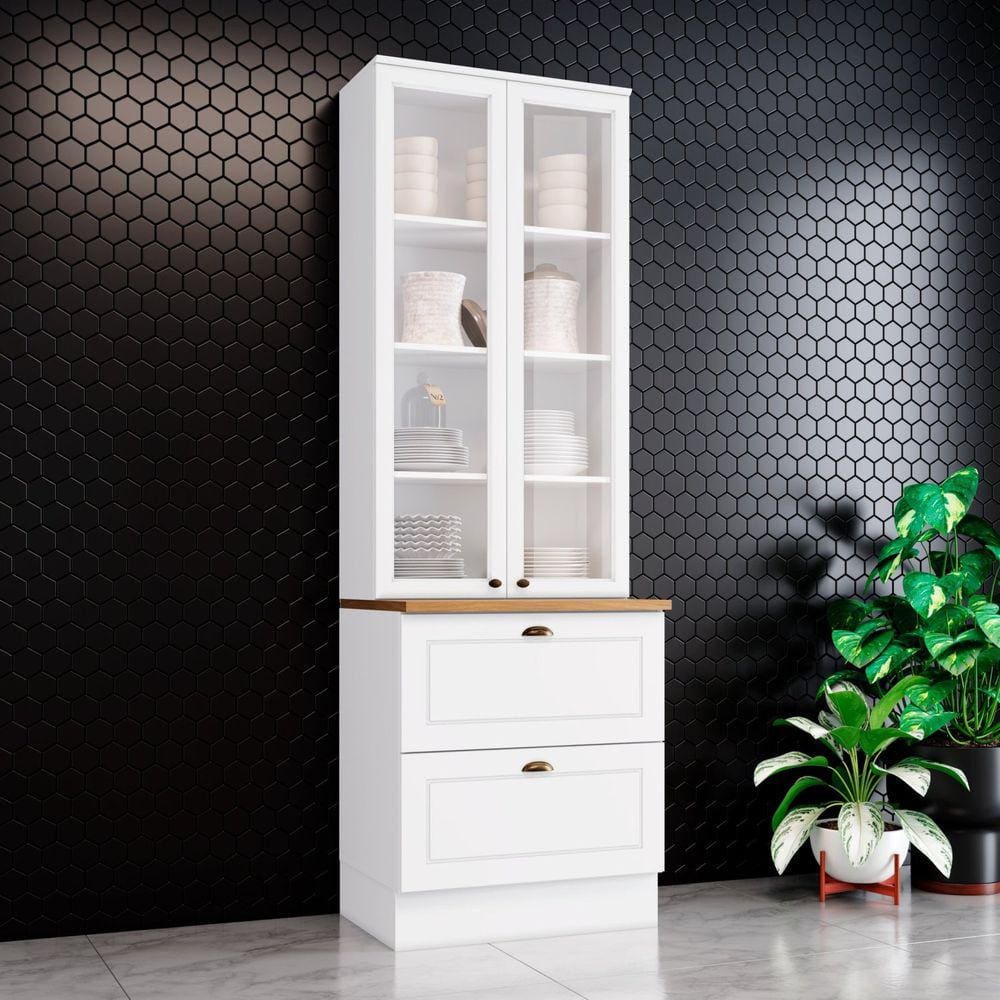 Paneleiro 2 Portas de Vidro 2 Gavetas Branco com Tampo Internacional Branco/Marrom