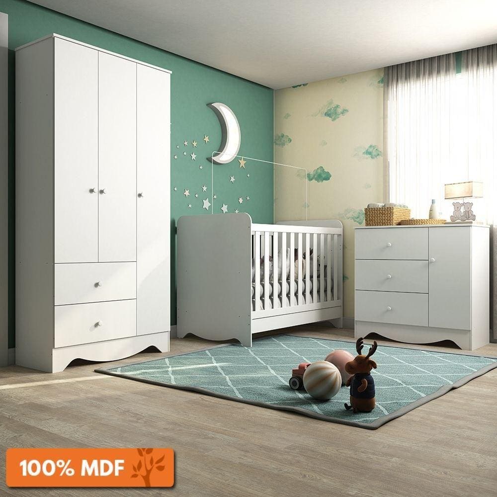Quarto de Bebê Completo C/ Guarda Roupa 3 Portas Cômoda Berço Americano 3 em 1 Ben Plus Móveis Peroba Branco Brilho