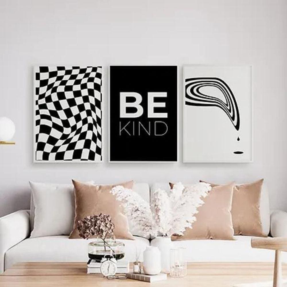 Kit 3 Quadros Optical Art- Be Kind 45X34Cm Com Vidro Branca