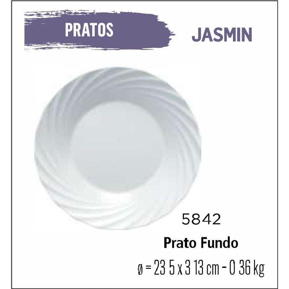 Jogo De Prato Jasmin 06 Pratos Fundos - Sopa - 23Cm Branco