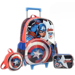 Kit Mochila De Rodas Capitão América Estojo Lancheira Marvel