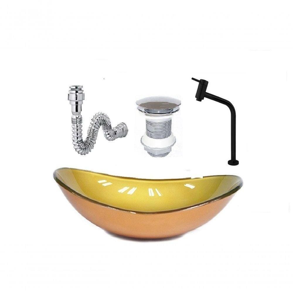 Cuba De Vidro Oval 47Cm Dourado Real + Valvula + Torneira Preta + Sifao