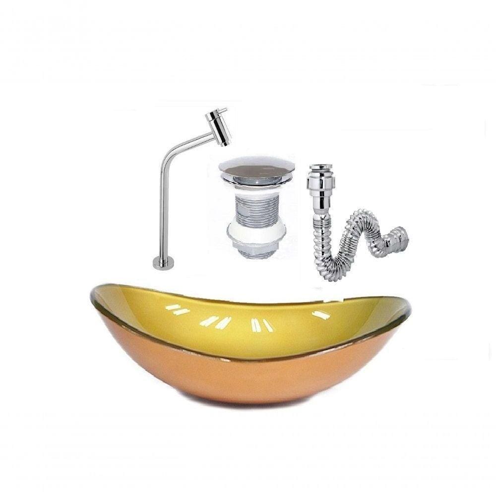 Cuba De Vidro Oval 47Cm Dourado Real + Válvula Click + Torneira De Metal + Sifao