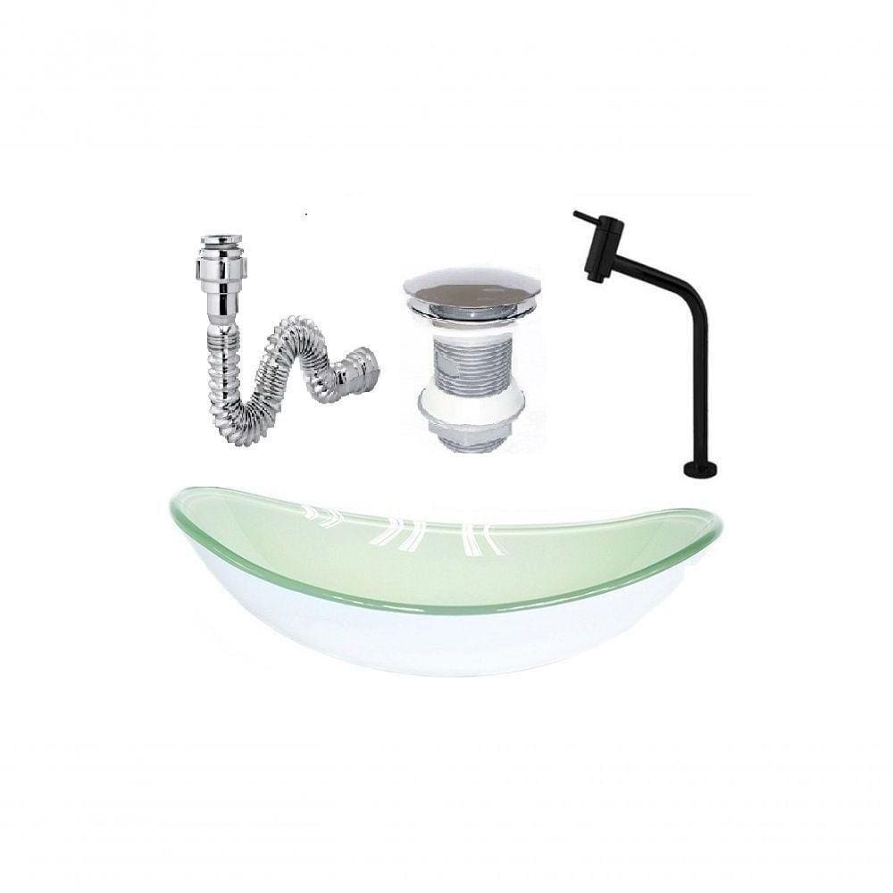 Cuba De Vidro Oval 47Cm Branca + Valvula + Torneira Preta + Sifao