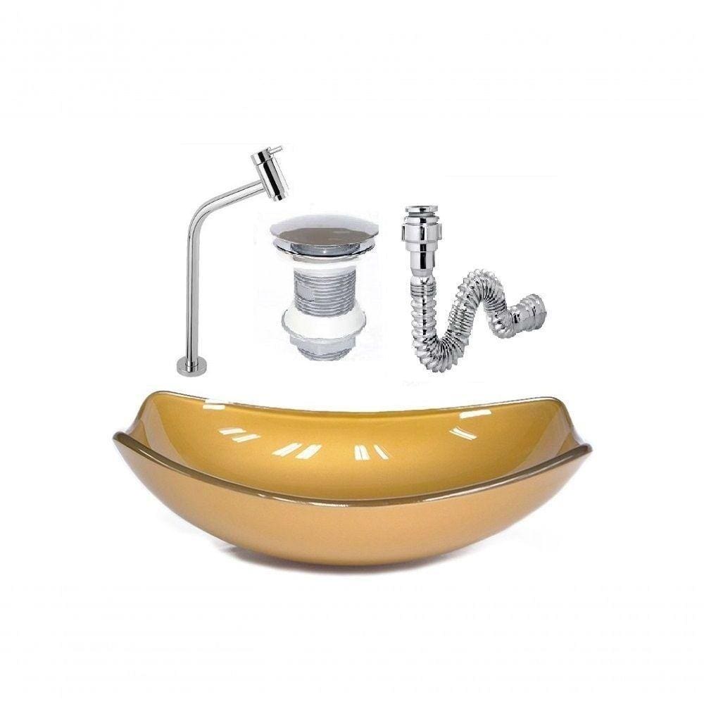 Cuba De Vidro Oval Chanfrada 46Cm Dourado Real + Valvula + Torneira + Sifao