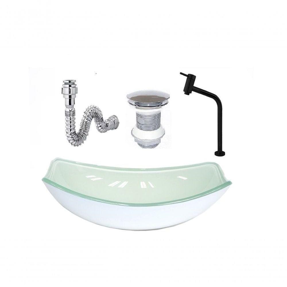Cuba De Vidro Oval Chanfrada 46Cm Branca + Valvula + Torneira Metal Preta + Sifao
