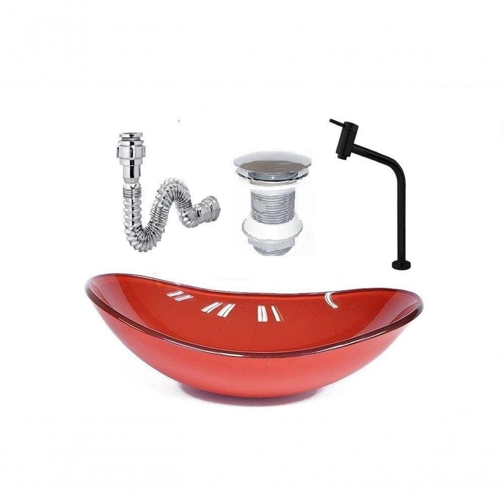 Cuba De Vidro Oval 47Cm Vermelho Ferrari + Valvula + Torneira Preta + Sifao