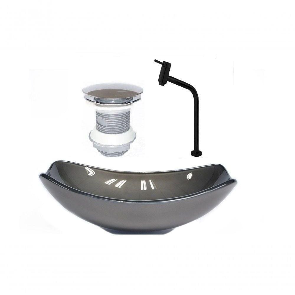 Cuba De Vidro Oval Chanfrada 46Cm Grafite + Valvula + Torneira Metal Preta + Sifao