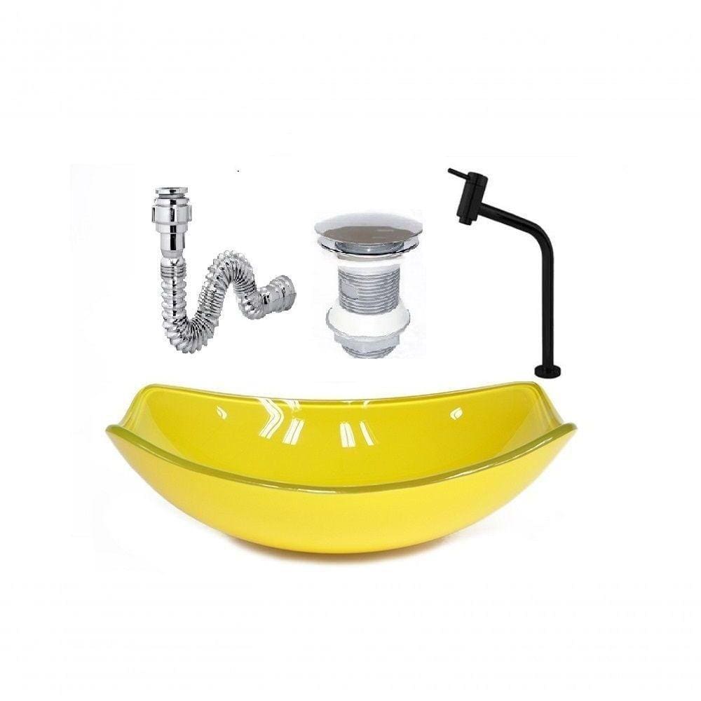 Cuba De Vidro Oval Chanfrada 46Cm Amarela + Valvula + Torneira Metal Preta + Sifao