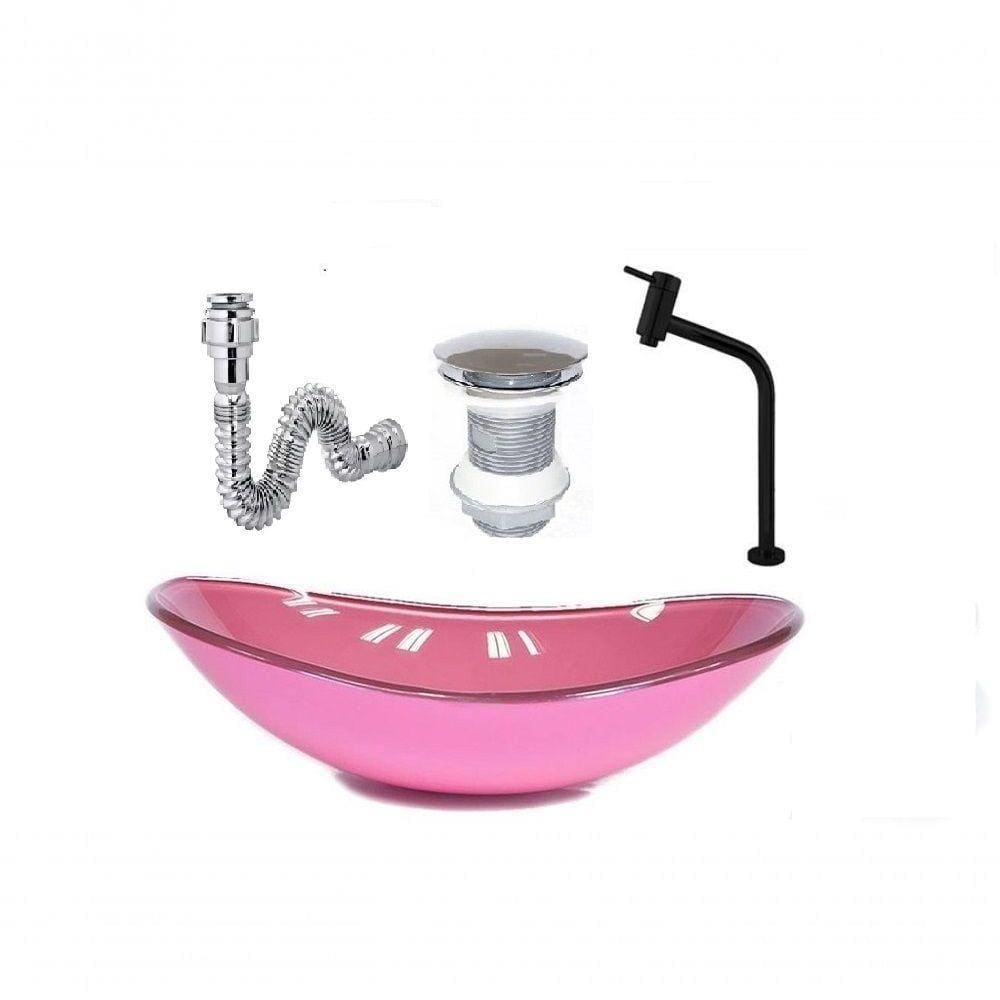 Cuba De Vidro Oval 47Cm Rosa + Valvula + Torneira Preta + Sifao