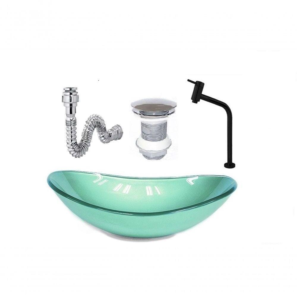 Cuba De Vidro Oval 47Cm Verde + Valvula + Torneira Preta + Sifao