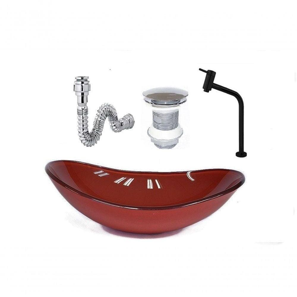 Cuba De Vidro Oval 47Cm Vermelho Cereja + Valvula + Torneira Preta + Sifao