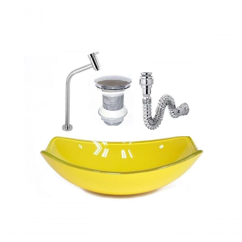 Cuba De Vidro Oval Chanfrada 46Cm Amarela + Valvula + Torneira + Sifao