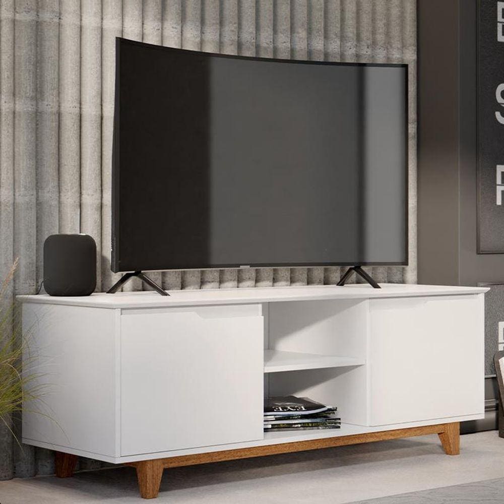 Rack Bancada Flow 2 Portas Com Pés de Madeira Maciça Branco/Freijo