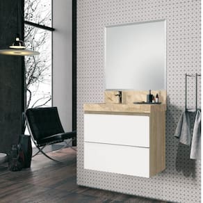 Conjunto para Banheiro com Espelho, Gabinete e Lavatório em Porcelanato com Cuba Esculpida 80cm Bumi Branco/Wood/Travertino
