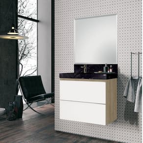 Conjunto para Banheiro com Espelho, Gabinete e Lavatório em Porcelanato com Cuba Esculpida 80cm Bumi Wood/Branco/Black