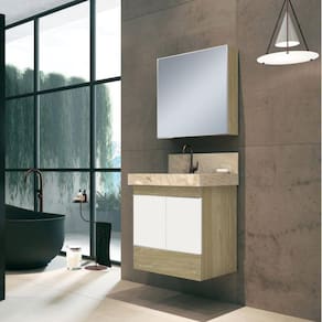 Conjunto para Banheiro com Espelheira, Gabinete, Lavatório em Porcelanato com Cuba Esculpida Bumi Branco/Wood/Travertino