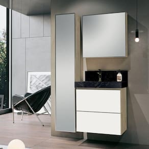 Conjunto para Banheiro com Espelheira, Gabinete, Lavatório com Cuba Esculpida, Armário Vertical Bumi Wood/Branco/Grafen