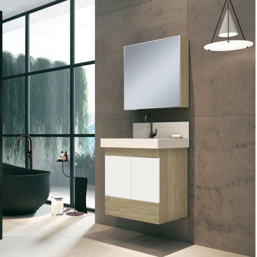 Conjunto para Banheiro com Espelheira, Gabinete, Lavatório em Porcelanato com Cuba Esculpida Bumi Wood/Branco