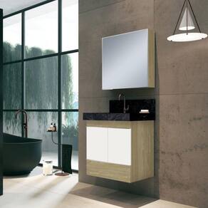 Conjunto para Banheiro com Espelheira, Gabinete, Lavatório em Porcelanato com Cuba Esculpida Bumi Wood/Branco/Preto