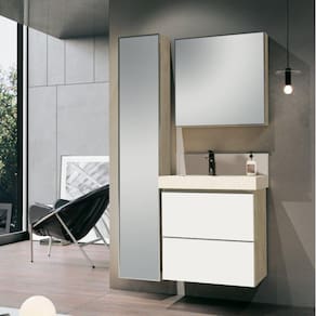 Conjunto para Banheiro com Espelheira, Gabinete, Lavatório com Cuba Esculpida, Armário Vertical Bumi Branco/Wood