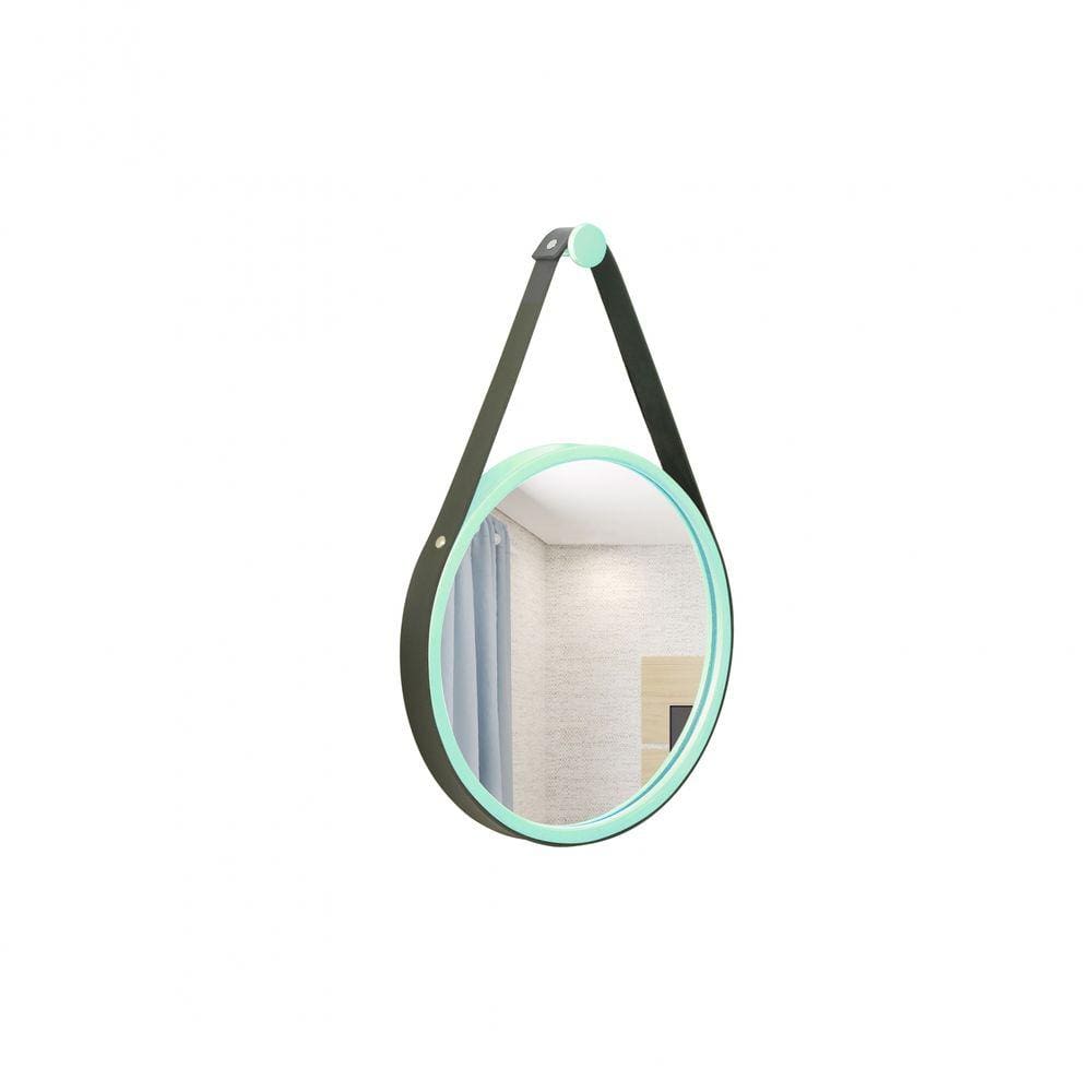 Espelho Decorativo Adnet Verde Alça Corino Preto 20cm Redondo