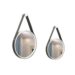 Kit Espelho Decorativo Adnet Branco Alça Corino Caramelo 20 e 30cm Redondo