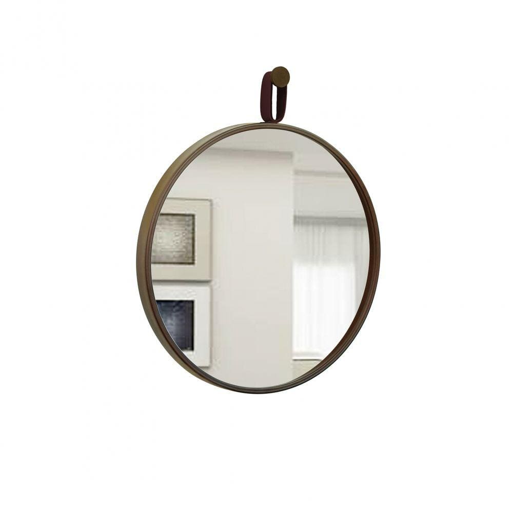 Espelho Decorativo Short Strip Marrom Alça Corino Café 40 cm Redondo