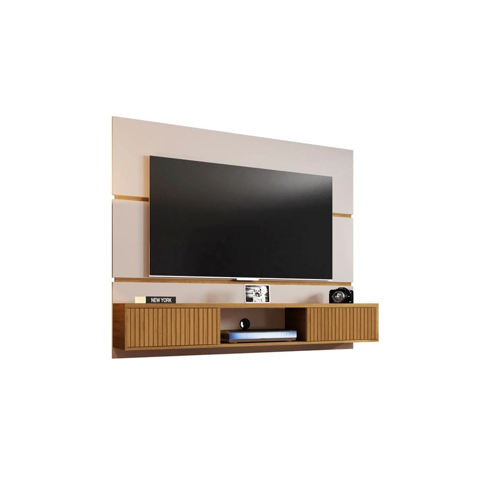 Painel Para TV Âmbar Off White Com Cinamomo Ripado - Bechara Móveis