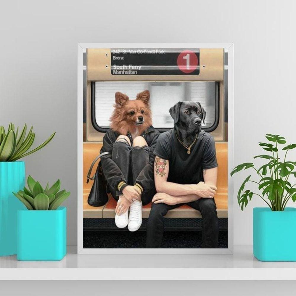 Quadro Montagem Cães Pessoas Metrô 45X34Cm Branca