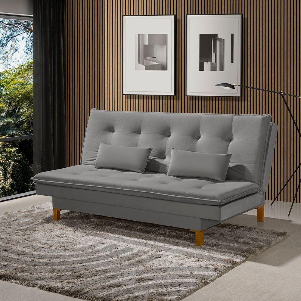 Sofá Cama Barcelona Tecido Veludo Com Pés De Madeira Cinza
