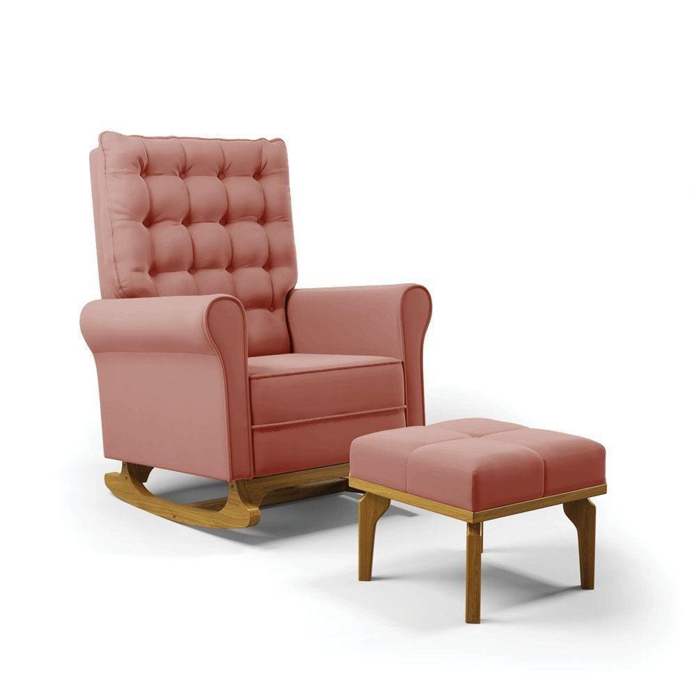 Poltrona De Amamentação Com Balanço E Puff Manu Veludo Rosê Ta120 Base De Madeira - D`rossi