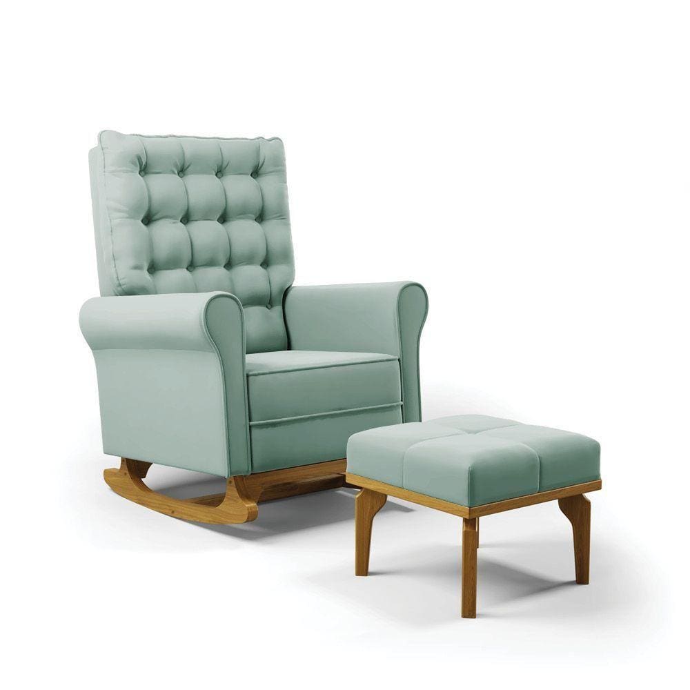 Poltrona De Amamentação Com Balanço E Puff Manu Veludo Verde Turquesa Tb112 Base De Madeira D`rossi