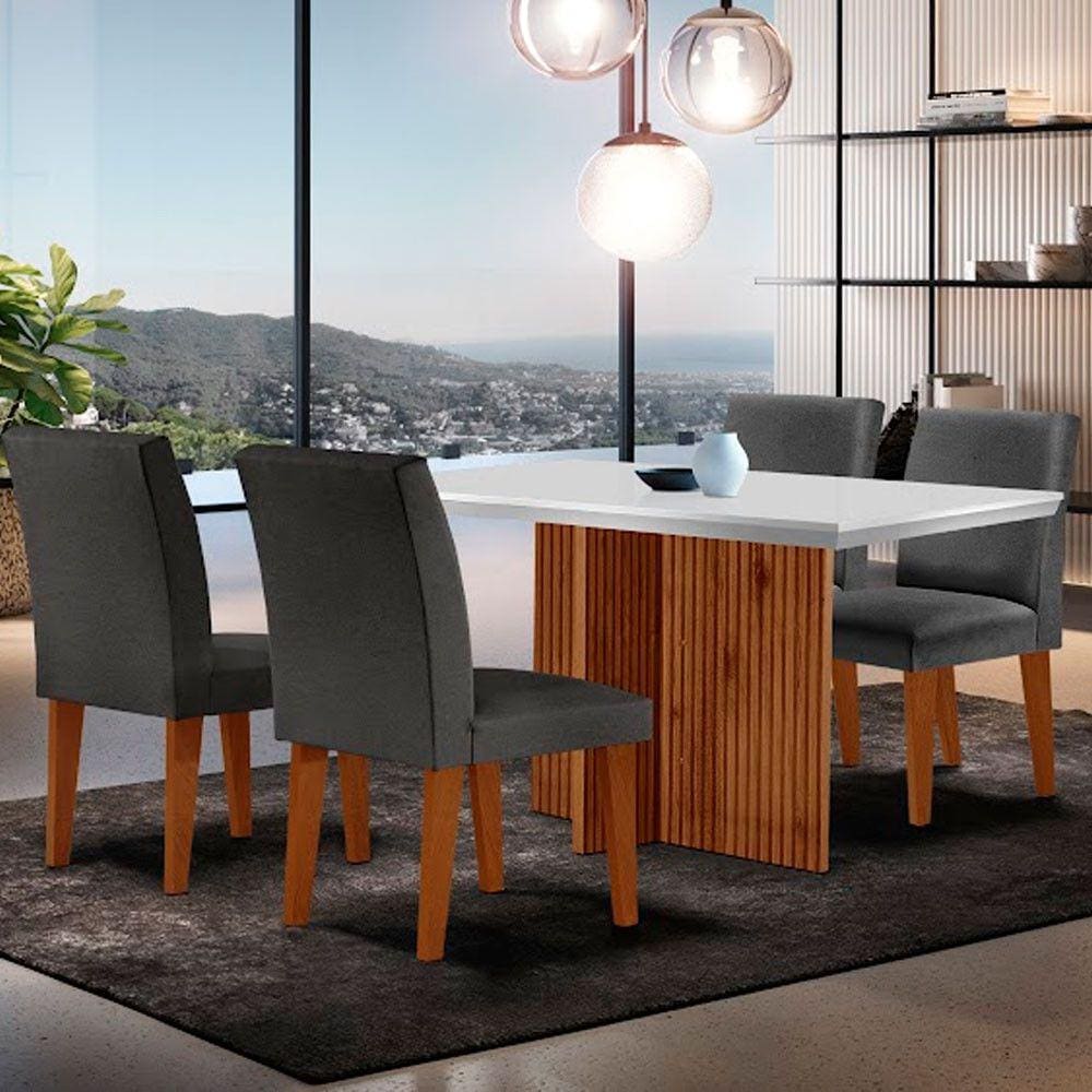 Sala de Jantar Mesa Olimpia 120 MDF Canto Reto com 4 Cadeiras Grecia