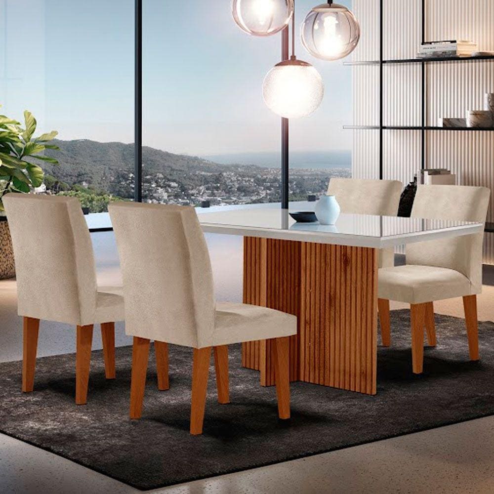 Sala de Jantar Mesa Olimpia 120 MDF Vidro Canto Reto Com 4 Cadeiras Grecia