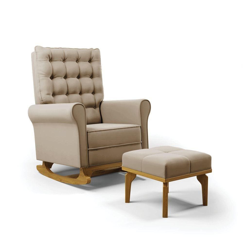 Poltrona De Amamentação Com Balanço E Puff Manu Veludo Base De Madeira - D`rossi Cor Marrom