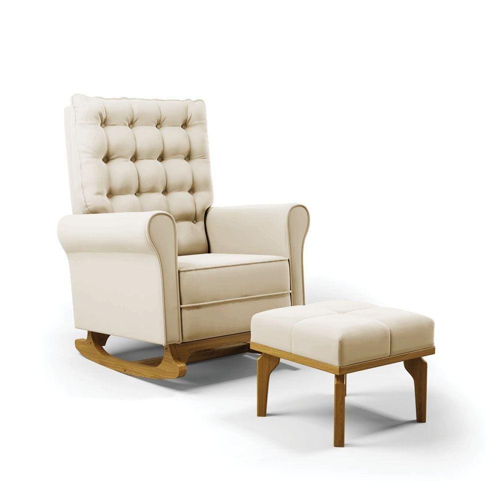Poltrona De Amamentação Com Balanço E Puff Manu Veludo Bege Cor404 Base De Madeira - D`rossi