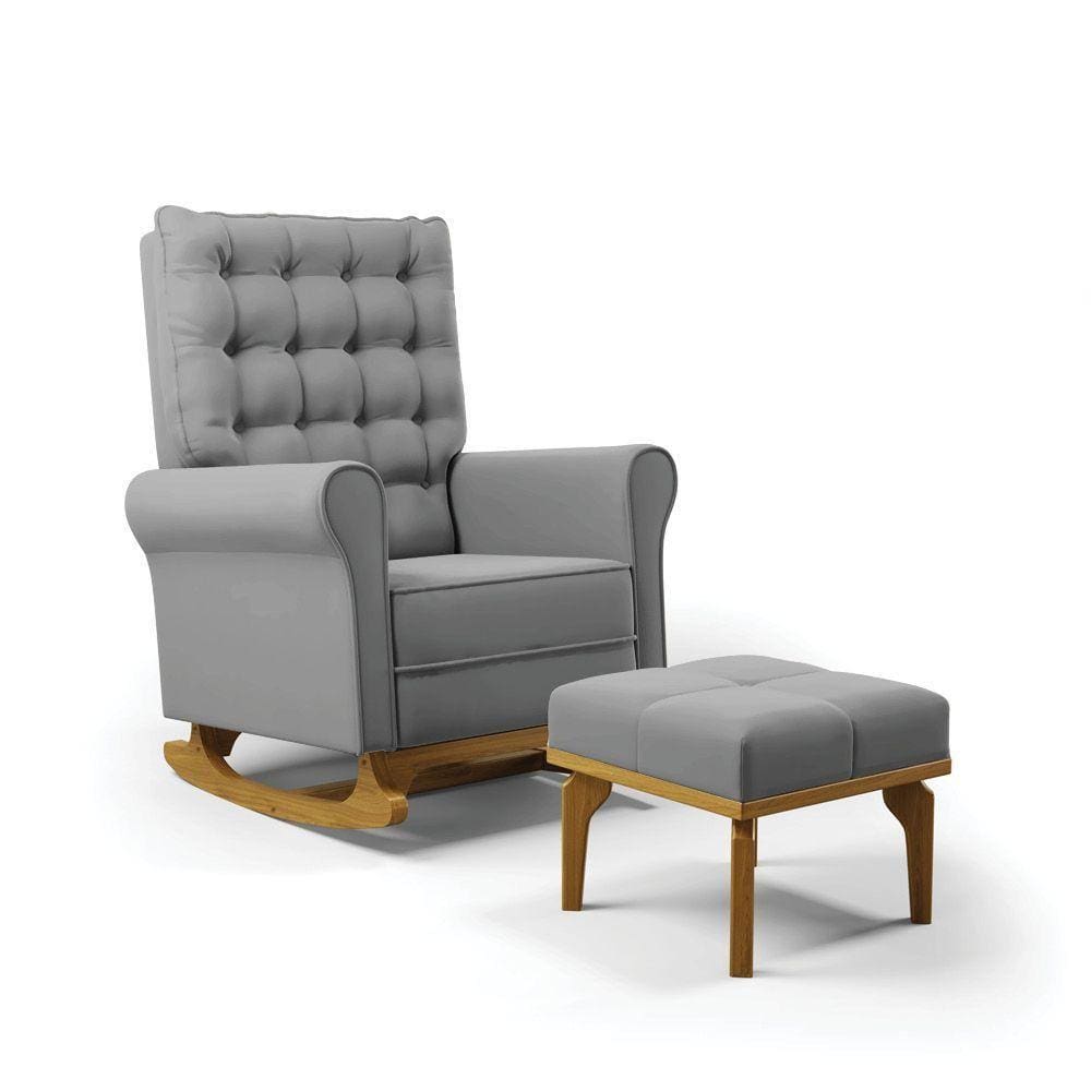 Poltrona De Amamentação Com Balanço E Puff Manu Veludo Base De Madeira - D`rossi Cor Cinza