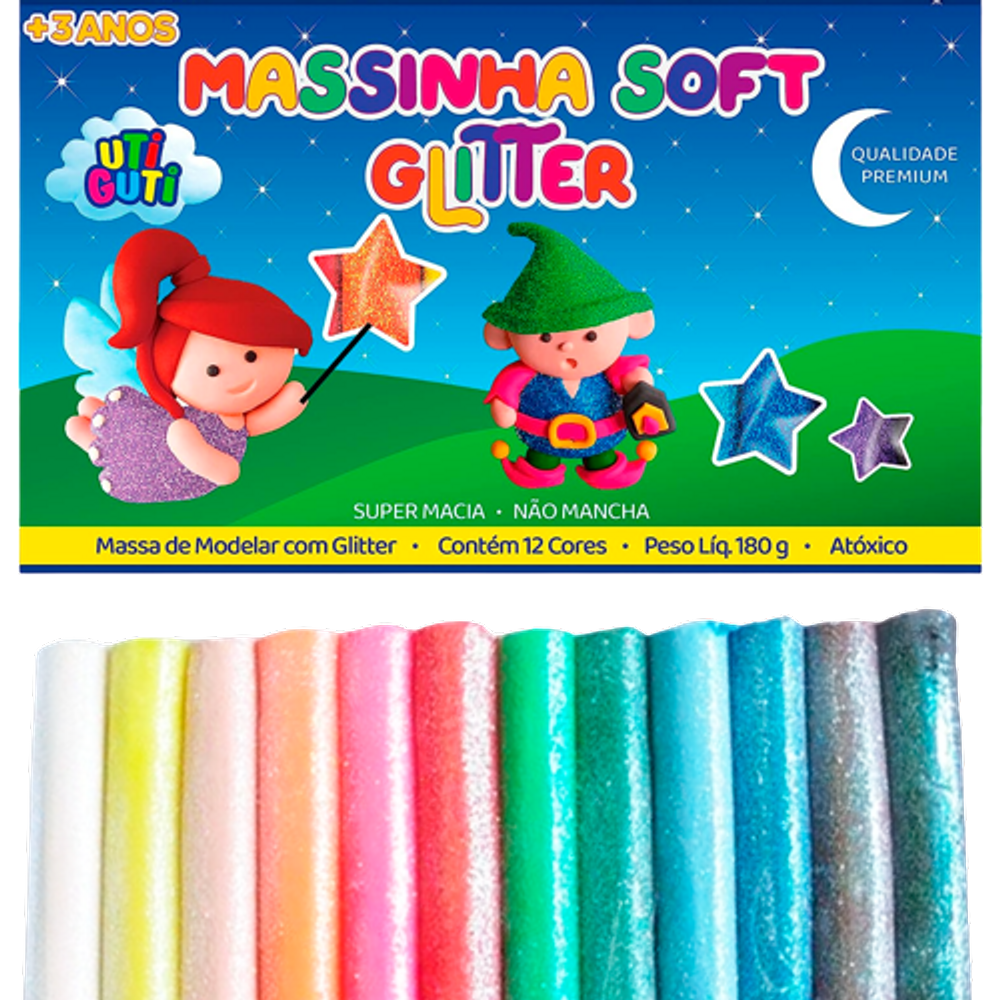 Massa de modelar massinha Soft com Glitter 12 Cores Uti Guti