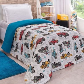 Edredom Solteiro Diverkids Malha Estampada Carrinhos Azul