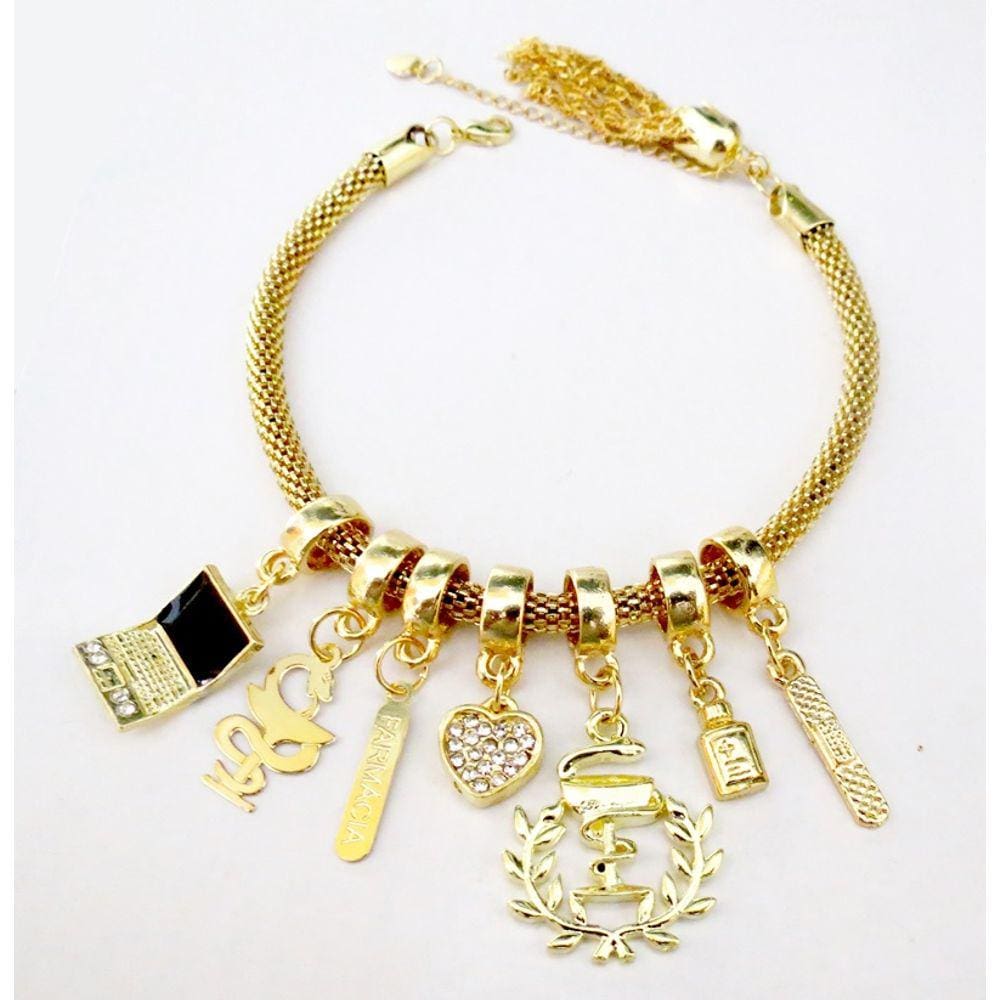 Pulseira Vários Berloque Farmácia Folheado A Ouro 18k