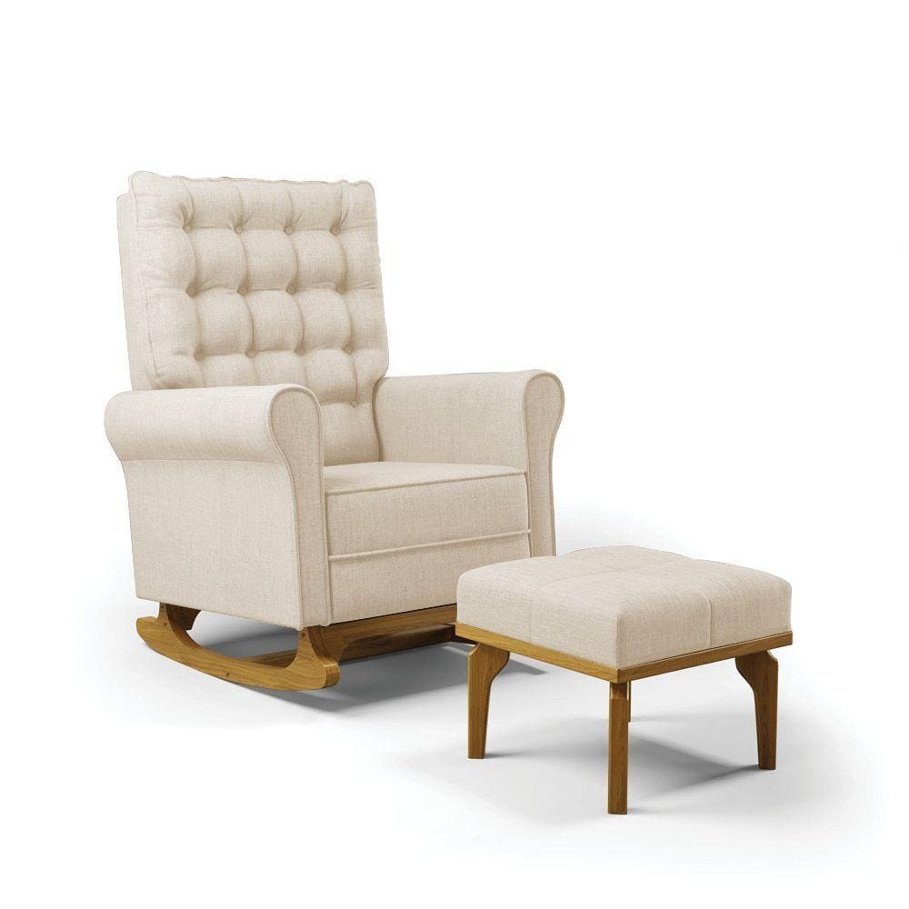 Poltrona De Amamentação Com Balanço E Puff Manu Linho Base De Madeira - D`rossi Cor Bege