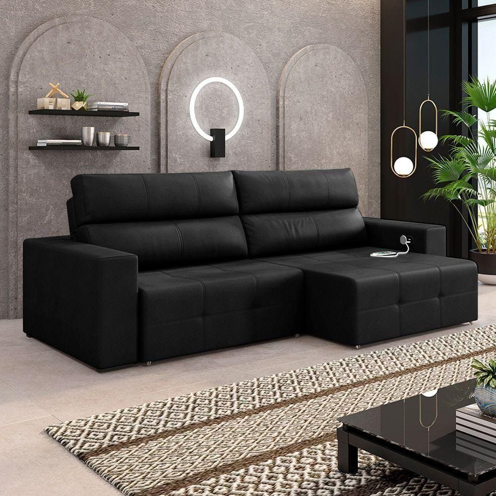 Sofá Retrátil 3 Lugares 204cm 2 Módulos Nero Com Usb Couro Preto G52 - Gran Belo