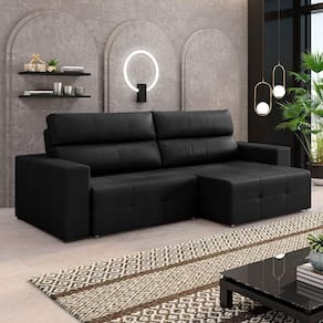 Sofá Retrátil 3 Lugares 204cm 2 Módulos Nero Couro Preto G52 - Gran Belo