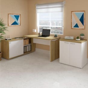 Mesa para Escritório em L Diretor 1 Porta 2 Nichos com Armário Baixo Tamburato Toq Espresso Móveis Olmo/Branco