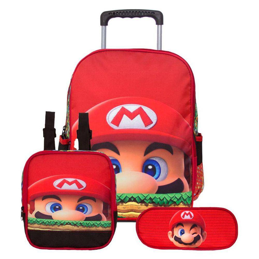 Mochila Masculina De Rodinhas Super Mario Com Lancheira