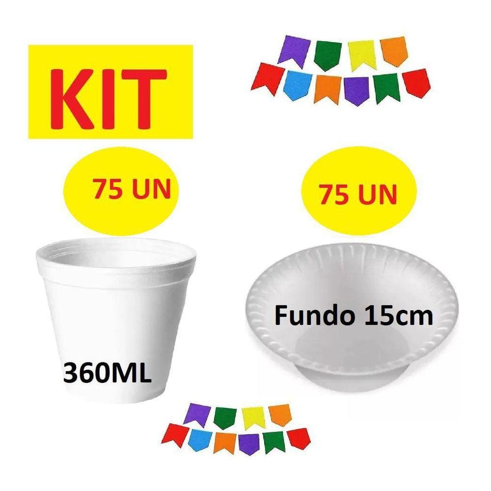 Kit Descartáveis Isopor 75 Potes+75 Cumbucas Festa Junina