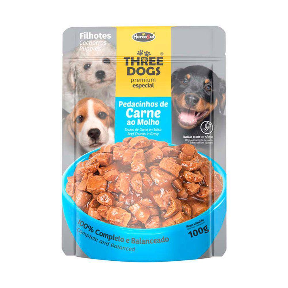 Ração Úmida Three Dogs Filhotes Carne Sachê 100g
