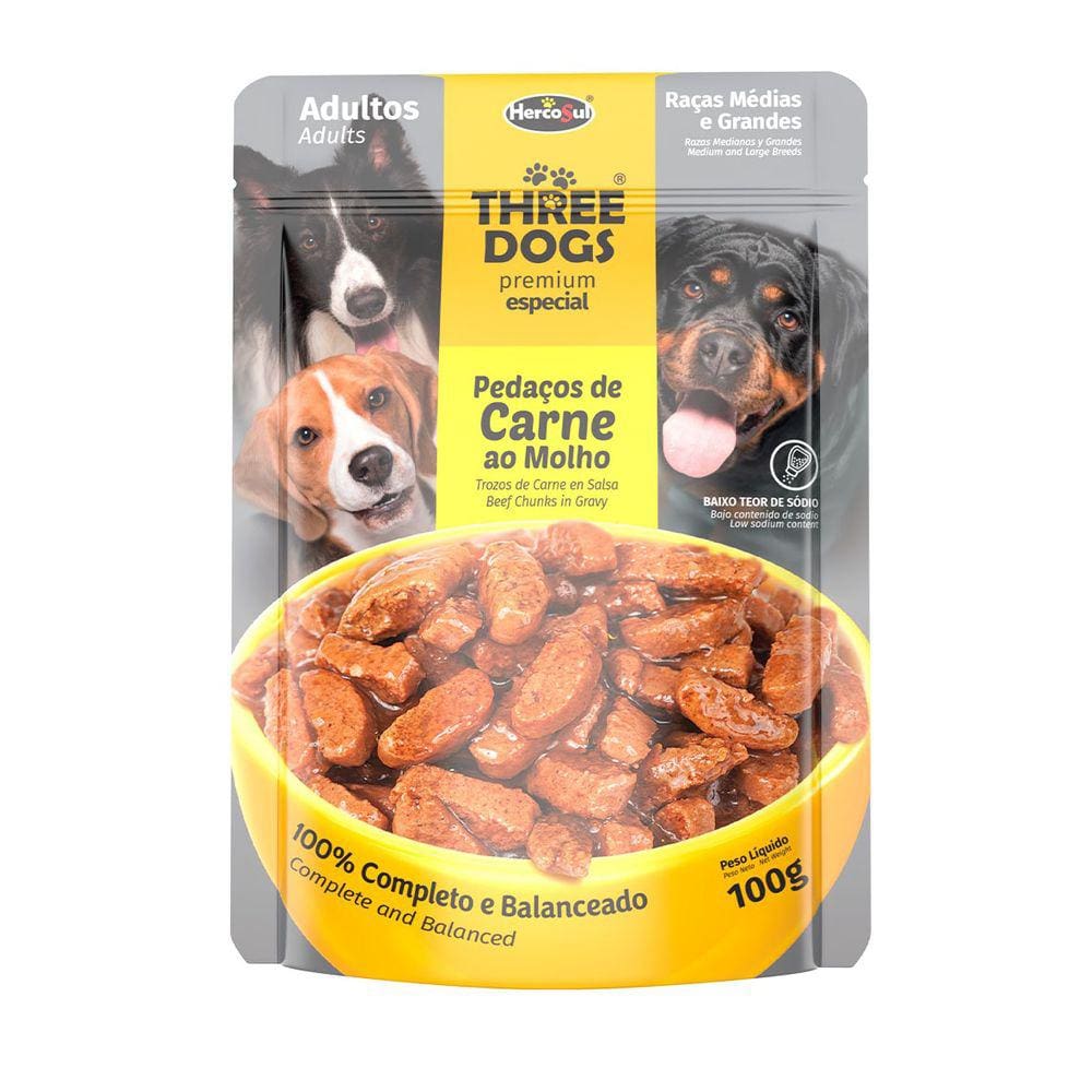Ração Úmida Three Dogs Adultos Raças Médias e grande Sachê 100g