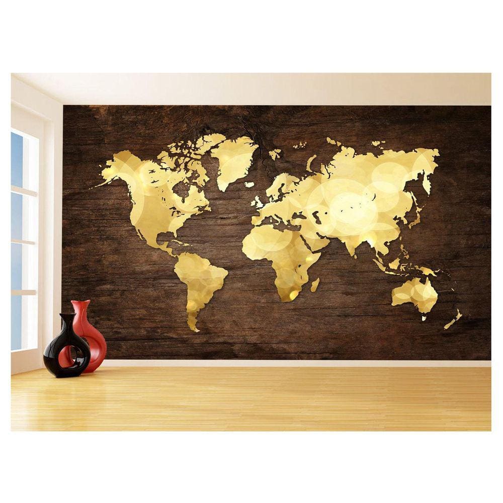 Papel De Parede 3D Mapa Mundi Madeira Arte Cores 3,5M Nmu69